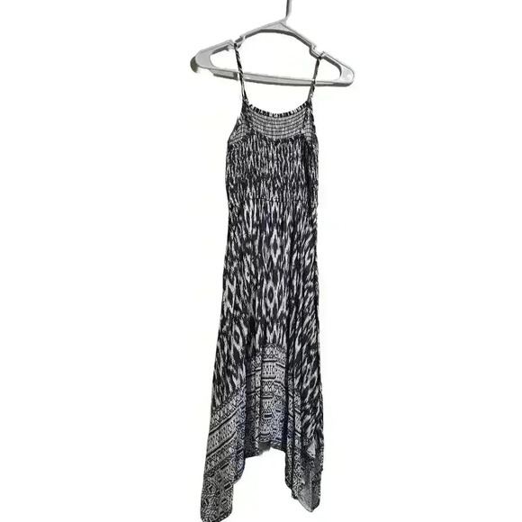 Boho Chic Blue Black and White Midi Dress with Smocked Bodice - Picture 5 of 7